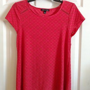 Cable &Gauge~Medium/M~Solid Salmon Pink~Eyelet~Cap Short Sleeve~Top/Blouse/Shirt